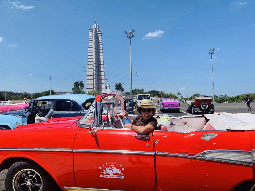 Author_Heidi_Siefkas_in_Classic_Chevy_Belair_in_Revolution_Square_Havana_Cuba